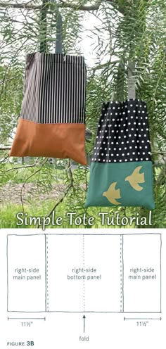 two bags hanging from a tree with instructions for how to sew them in it