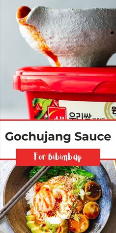 the cover of gochujung sauce for bibimbap with chopsticks