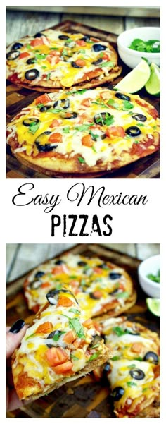 easy mexican pizzas with cheese, olives and peppers on them are ready to be eaten