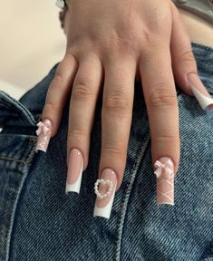 Simple French Tips, Nails With Charms, French Tips, Heart Nails, Nail Charms, Nail Manicure, French Nails, Pink Nails, Heart Charm