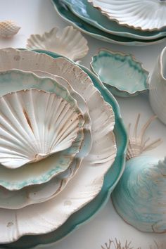 there are many plates that have shells on them