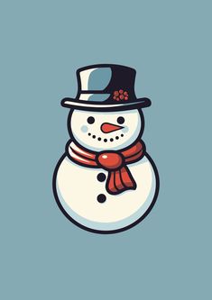 a snowman with a hat and scarf on it's head, standing in front of a blue background