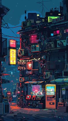 an image of a city at night with neon lights