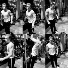 multiple shots of a man doing exercises in the gym