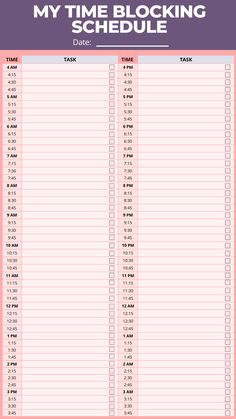 the printable my time blocking schedule is shown in pink and white with purple border