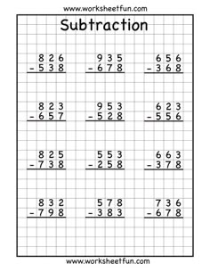 the worksheet for subtraction is shown in black and white with numbers on it