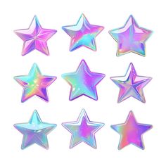 six shiny stars in different colors on a white background, each with an iridescent hue