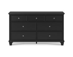 a black dresser with six drawers and two pulls on the bottom, in front of a white background