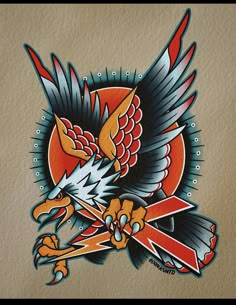 an eagle holding a baseball bat on top of a white wall with red and blue accents