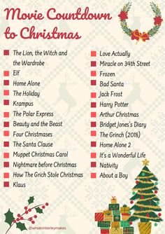 a christmas movie list with the words movies and christmas decorations on it, in front of a