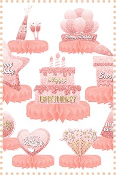 a birthday card with pink cake and balloons