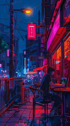 a person sitting at a table in front of a neon lit building on a city street