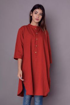 "Casual Shirt Dress for Women, Long Shirt, Apple cut shirt, Indian Kurta, Linen Washed Soft Shirt - Custom made by Modernmoveboutiique >DESCRIPTION< - loose and roomy. - apple cut - 3/4th sleeve - made from Linen blend. The fabric is of medium weight (185 g). - the model is 172 cm high (regular XS - S) and is wearing size S. - color in the picture - LAVA (Please choose any other color on the right). >COLOR< NOTE - The shirt is available in 25 colors. - We found out the fabric to be r Women Long Shirt, Shirt Dress For Women, Apple Cut, Indian Kurta, Cut Shirt, Cut Shirts, Long Shirt, Casual Shirt, Dress For Women