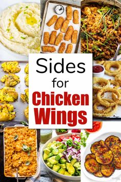 chicken wings and other foods with the words sides for chicken wings above them on top