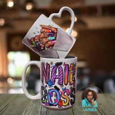 a coffee mug with the words nail boss on it and a photo of a woman's hand