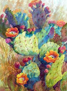 a painting of cactus plants with orange and green flowers