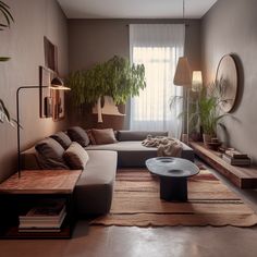 a living room filled with furniture and plants