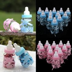 baby bottles with pink and blue caps are shown in three different pictures, one is empty