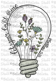 a drawing of a light bulb with flowers in it and the words, happy birthday