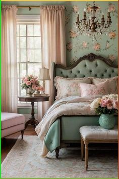 a bedroom with floral wallpaper and bedding in pastel green, pink and white colors