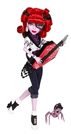 a doll with red hair holding a guitar in her hand and a spider on the ground