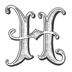 a drawing of the letter h with swirly lines on it's sides and bottom