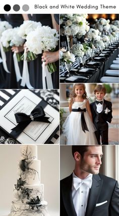 black and white wedding theme with flowers, tuxedo, flower girl in dress