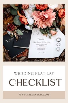 wedding flat lay checklist with flowers and rings on the ground in front of it