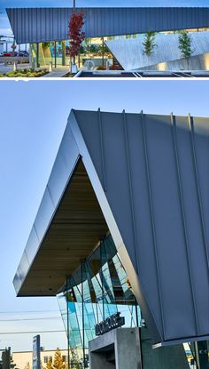 two pictures of the outside of a building with metal roofing and glass windows on each side