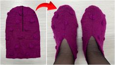 the bottom half of a pair of purple slippers with holes on them and an arrow pointing