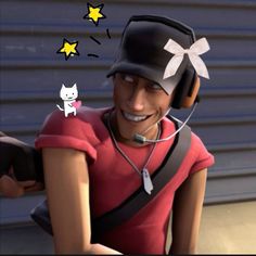 a cartoon character with headphones and a cat on his shoulder, smiling at the camera