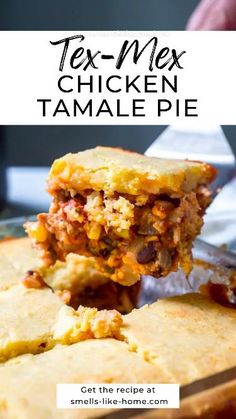 a piece of chicken tamale pie is being lifted from the casserole dish