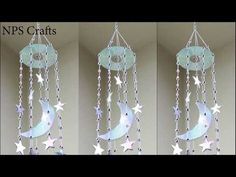 two pictures of the same wind chime with stars hanging from it's sides