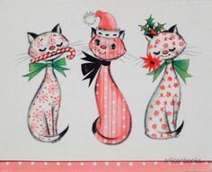 three cats with hats and bows on their heads are standing in front of a christmas card