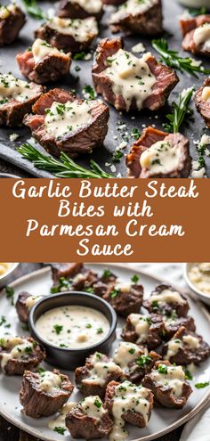 garlic butter steak bites with parmesan cream sauce on a platter and in the background