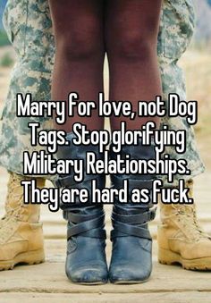 two people standing next to each other with the words marry for love, not dog tags stop