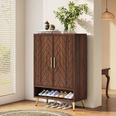 a wooden cabinet with shoes on it and a potted plant in the corner next to it