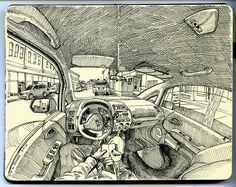 the interior of a car is shown in black and white, as well as an ink drawing