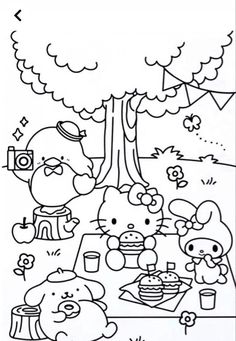 hello kitty picnic coloring page with many different animals and food items on the table in front of