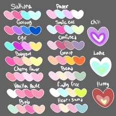 heart stickers with different colors and names for each type of item in the image