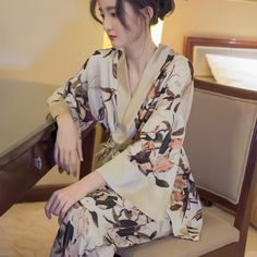 Japanese Summer New Luxury Home Long Trousers Pajamas Suit Floral Printing Ice Silk Pjs V Neck Neo Chinese Style, Neo Chinese, Kimono Pajamas, Silk Pjs, Apricot Color, Home Wear Women Pajamas, Pajama Suit, Pajamas For Women, Satin Sleepwear