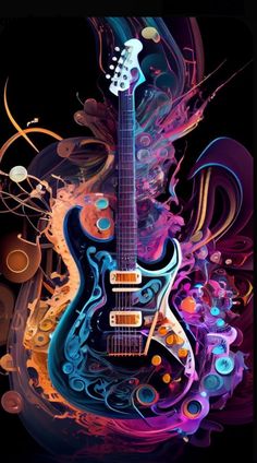 an electric guitar with colorful swirls and music notes