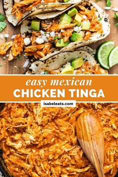 mexican chicken tinga in a skillet with limes and cilantro