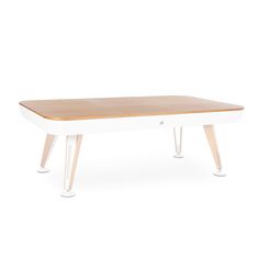 a wooden table with white legs and a wood top on an isolated white background for use as a coffee table