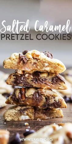 salted caramel pretzel cookies stacked on top of each other with chocolate chips