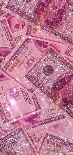 pink glitter money wallpaper with lots of sparkles on the sides and one hundred dollar bills