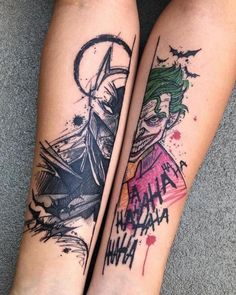 two people with tattoos on their legs, one has a joker and the other has a clown