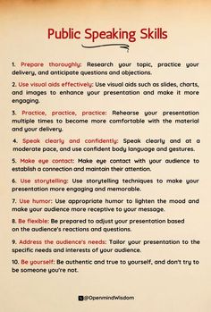 a poster with the words public speaking skills written in red and black on white paper