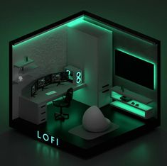 an office with neon lights and a computer desk in the corner is lit up by green lighting