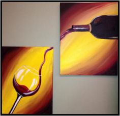 two paintings of wine being poured into a glass, one is yellow and the other is red